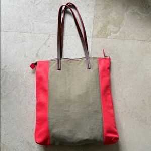 Stylish coral leather + Tan Belgian Linen Tote Bag